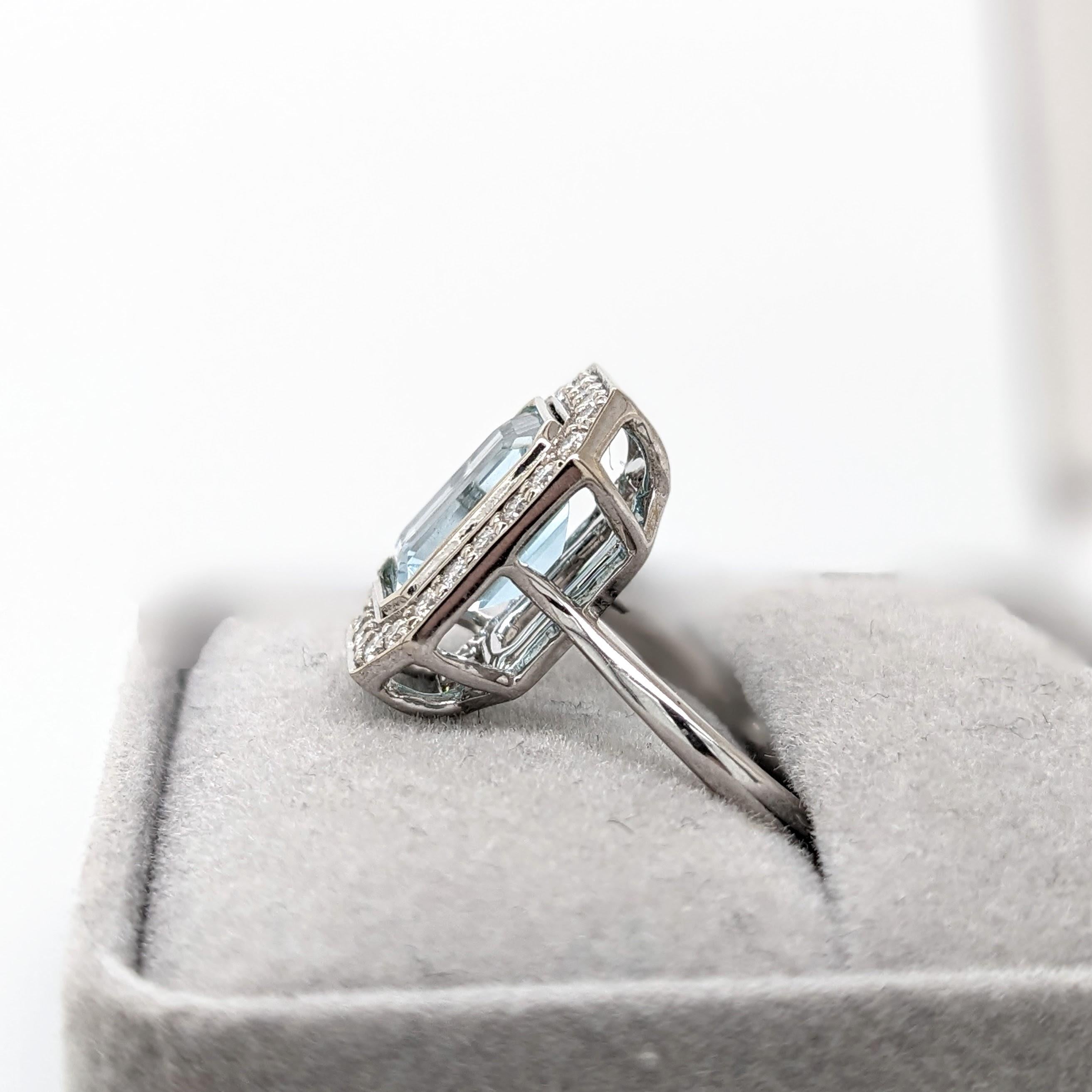 Aquamarine Ring w Natural Diamond Halo in 14K White Gold Emerald Cut 9x7mm For Sale 3