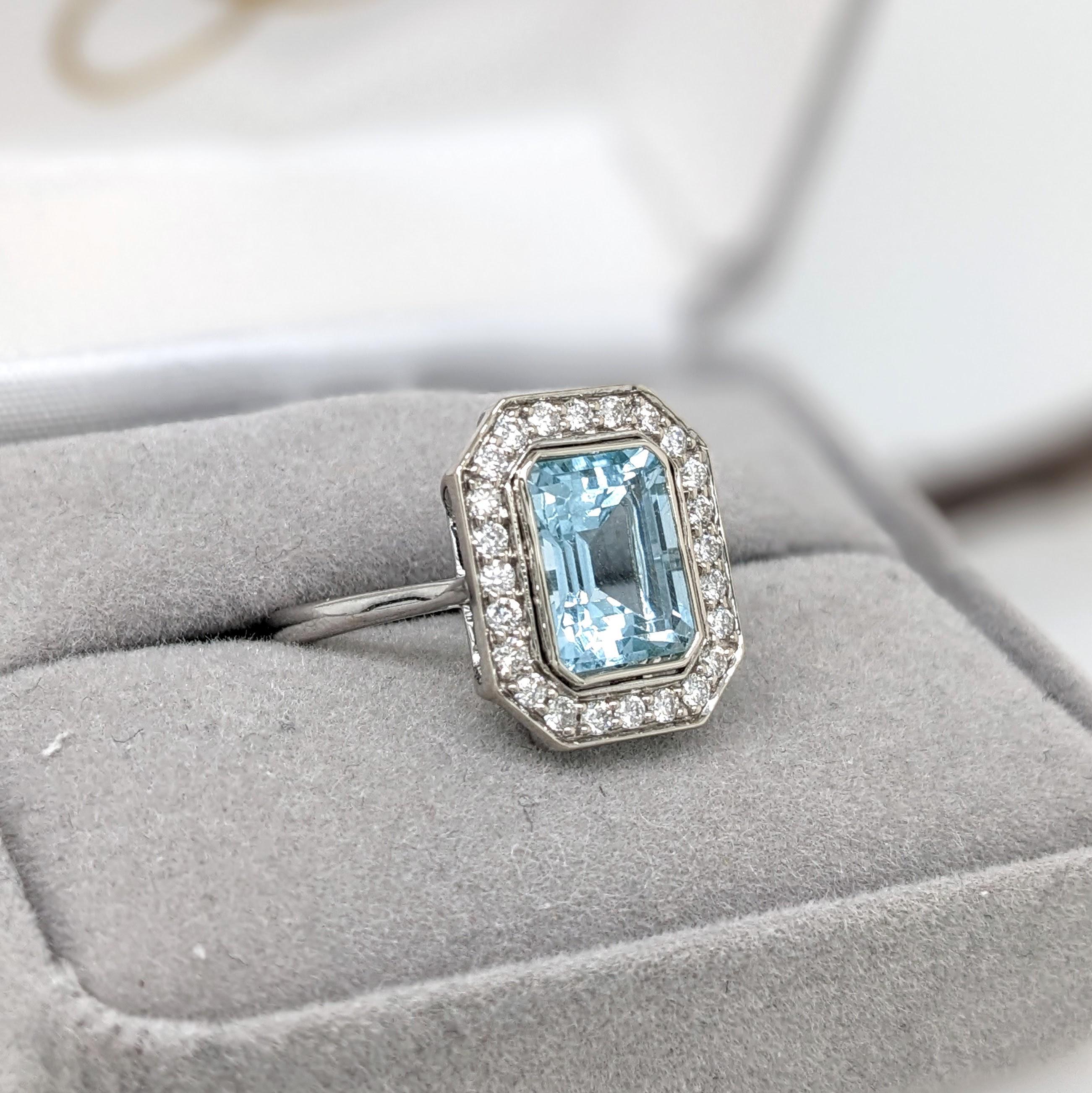 Aquamarine Ring w Natural Diamond Halo in 14K White Gold Emerald Cut 9x7mm For Sale 4