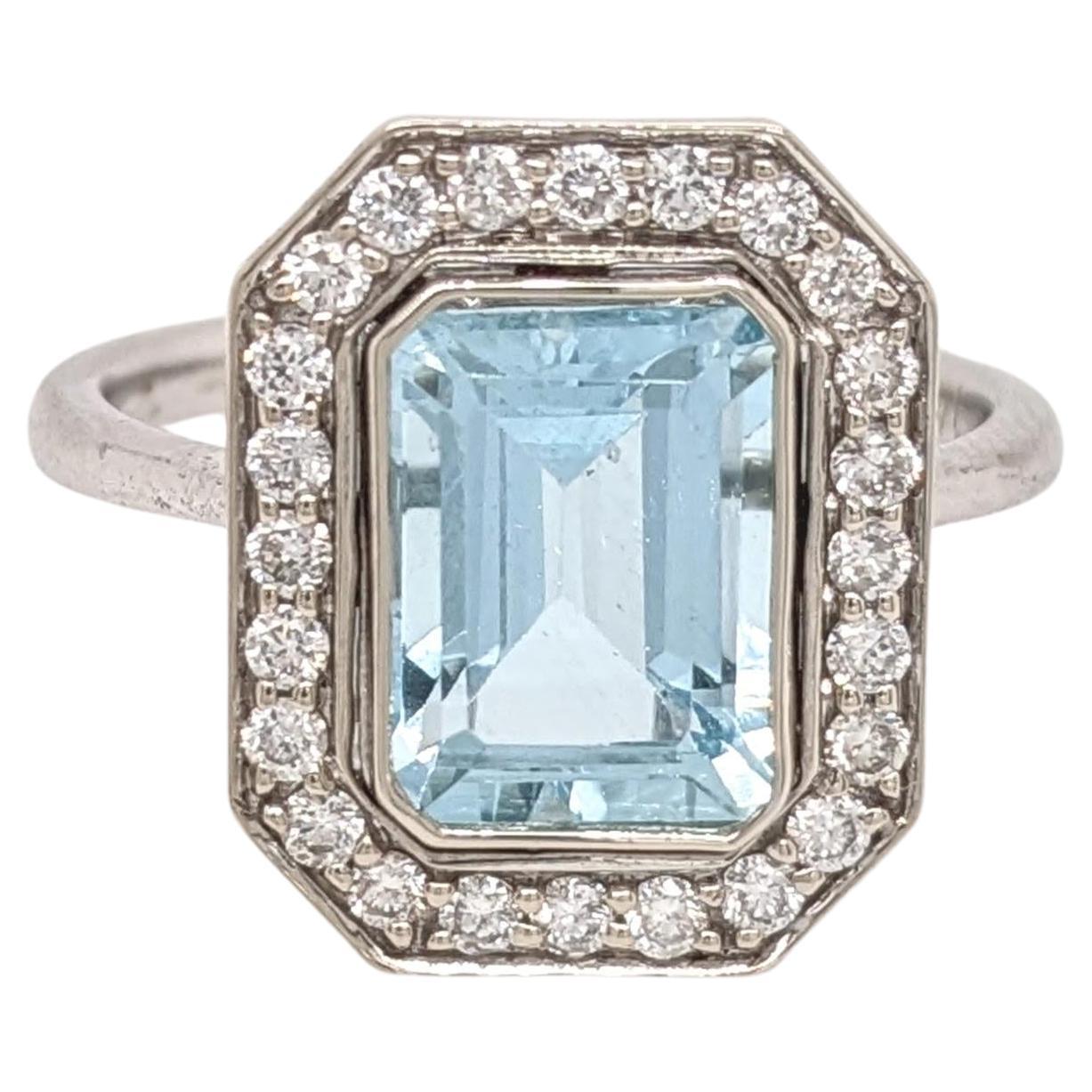 Aquamarine Ring w Natural Diamond Halo in 14K White Gold Emerald Cut 9x7mm For Sale