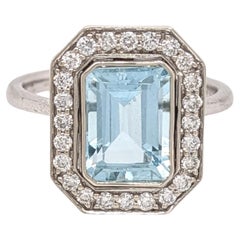 Aquamarine Ring w Natural Diamond Halo in 14K White Gold Emerald Cut 9x7mm