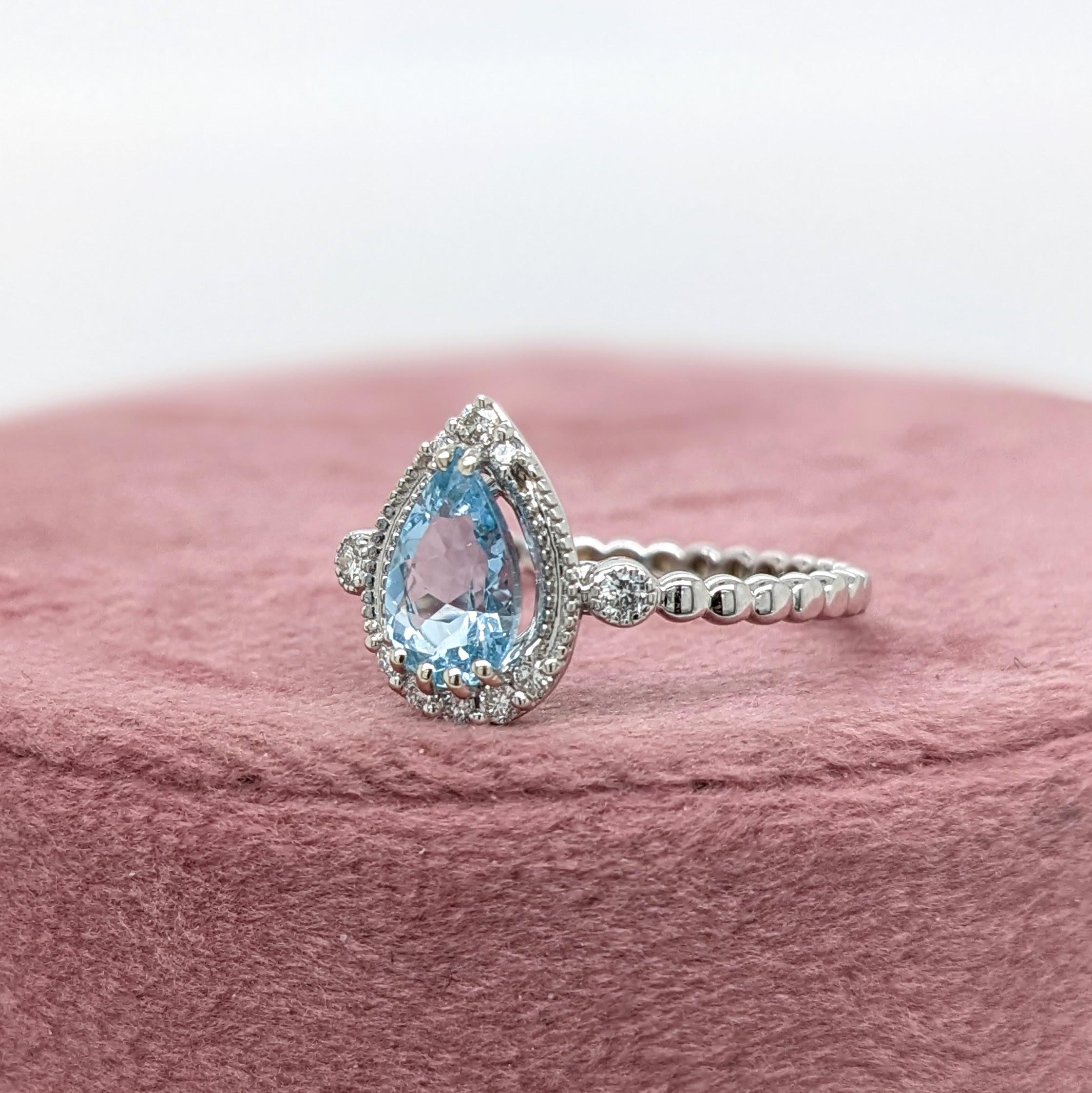 Modern Aquamarine Ring w Natural Diamonds in 14K White Gold Pear cut 8x6mm For Sale