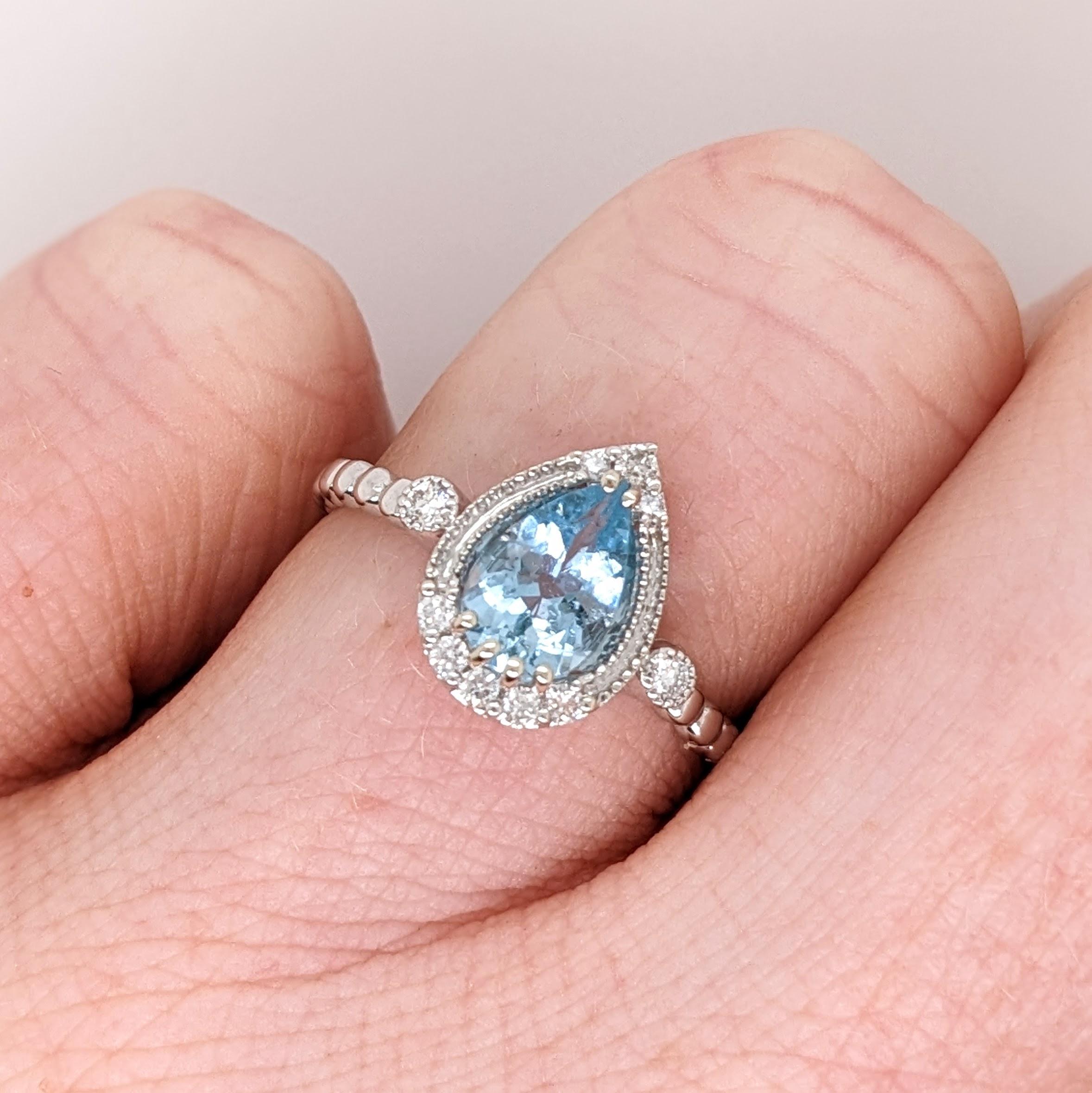 Aquamarine Ring w Natural Diamonds in 14K White Gold Pear cut 8x6mm For Sale 1