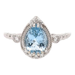 Aquamarine Ring w Natural Diamonds in 14K White Gold Pear cut 8x6mm