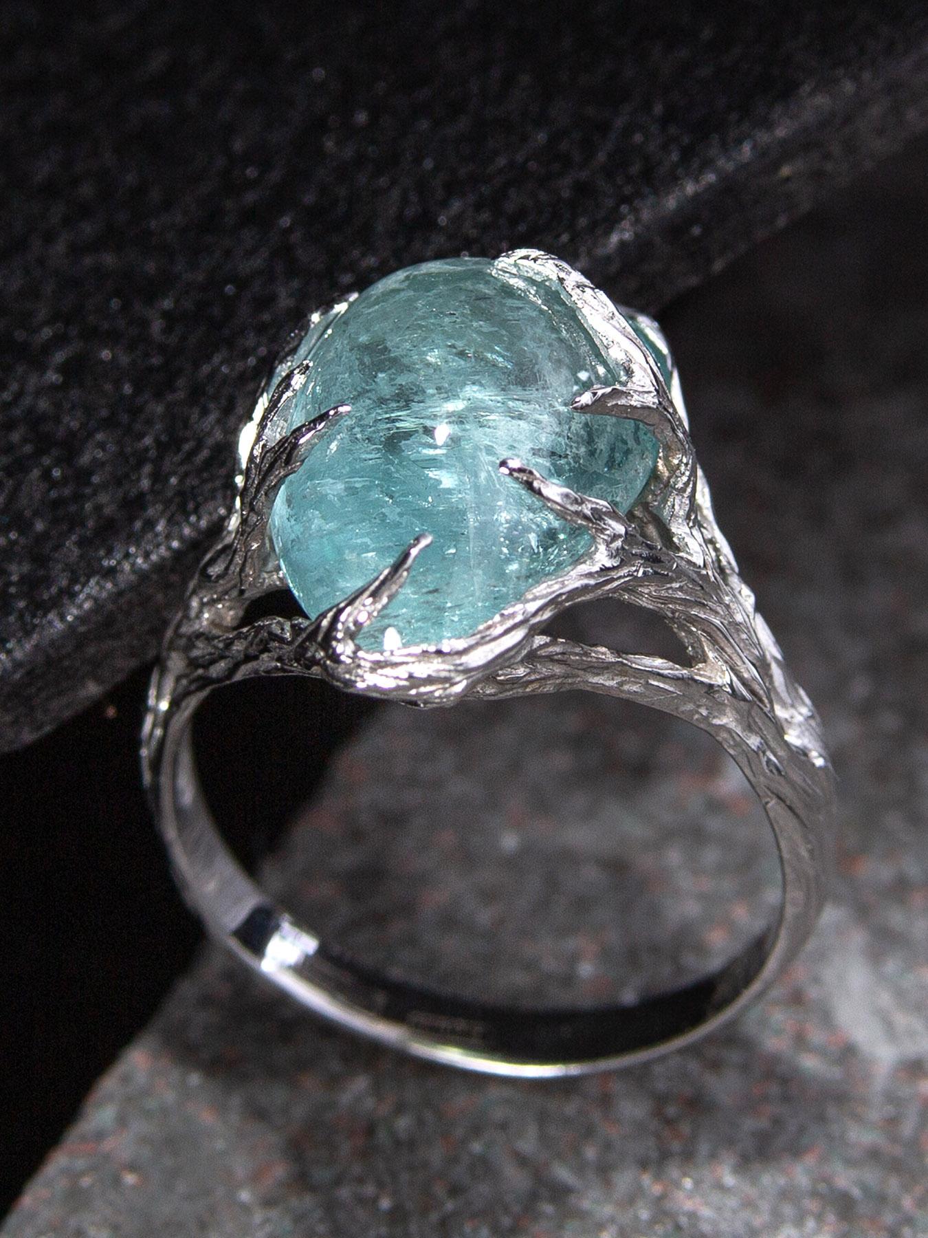 Artisan Aquamarine Ring White Gold Unisex Engagement Ring Blue Gemstone