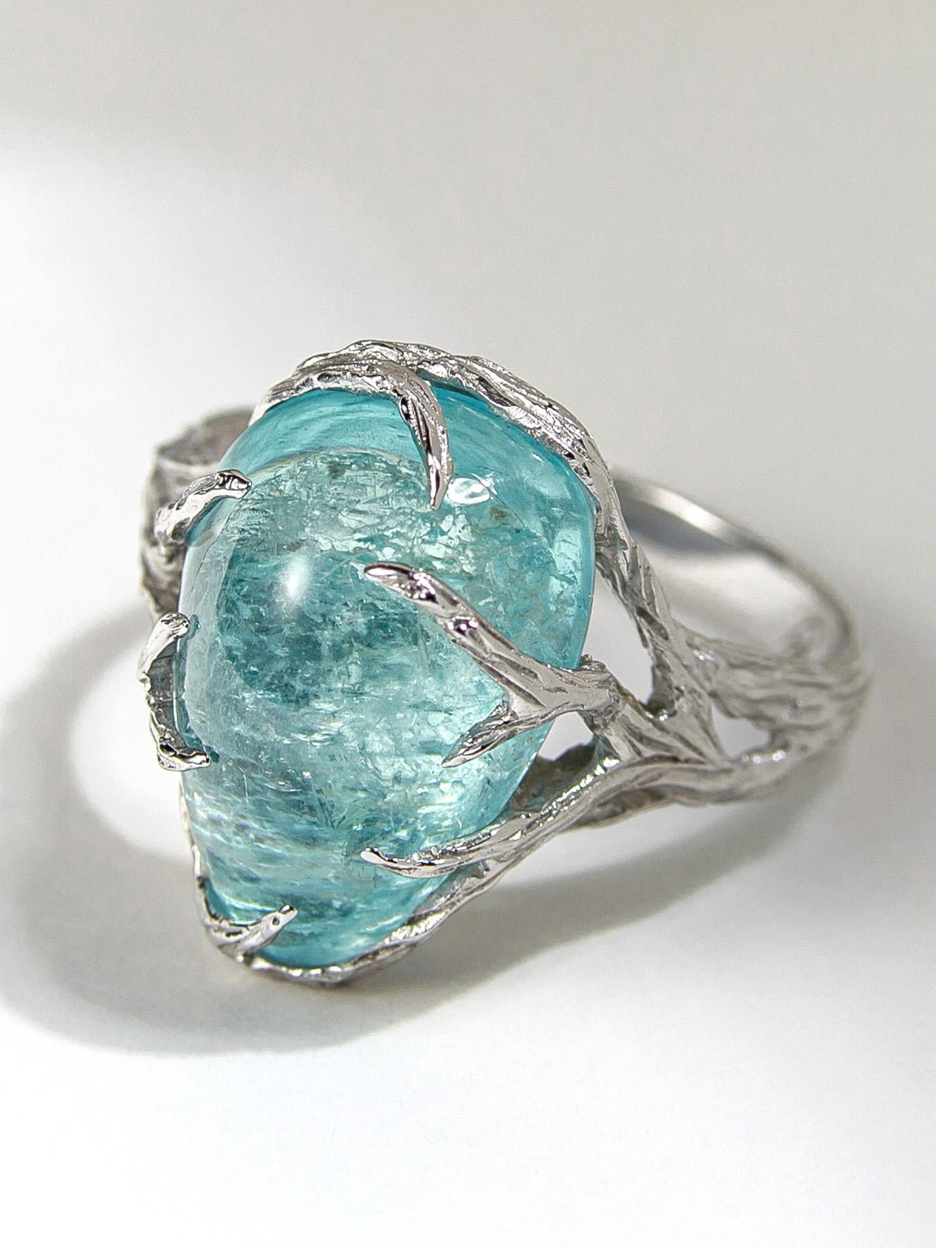 Cabochon Aquamarine Ring White Gold Unisex Engagement Ring Blue Gemstone