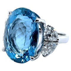 Vintage Aquamarine Ring with Diamonds in 14 Karat White Gold