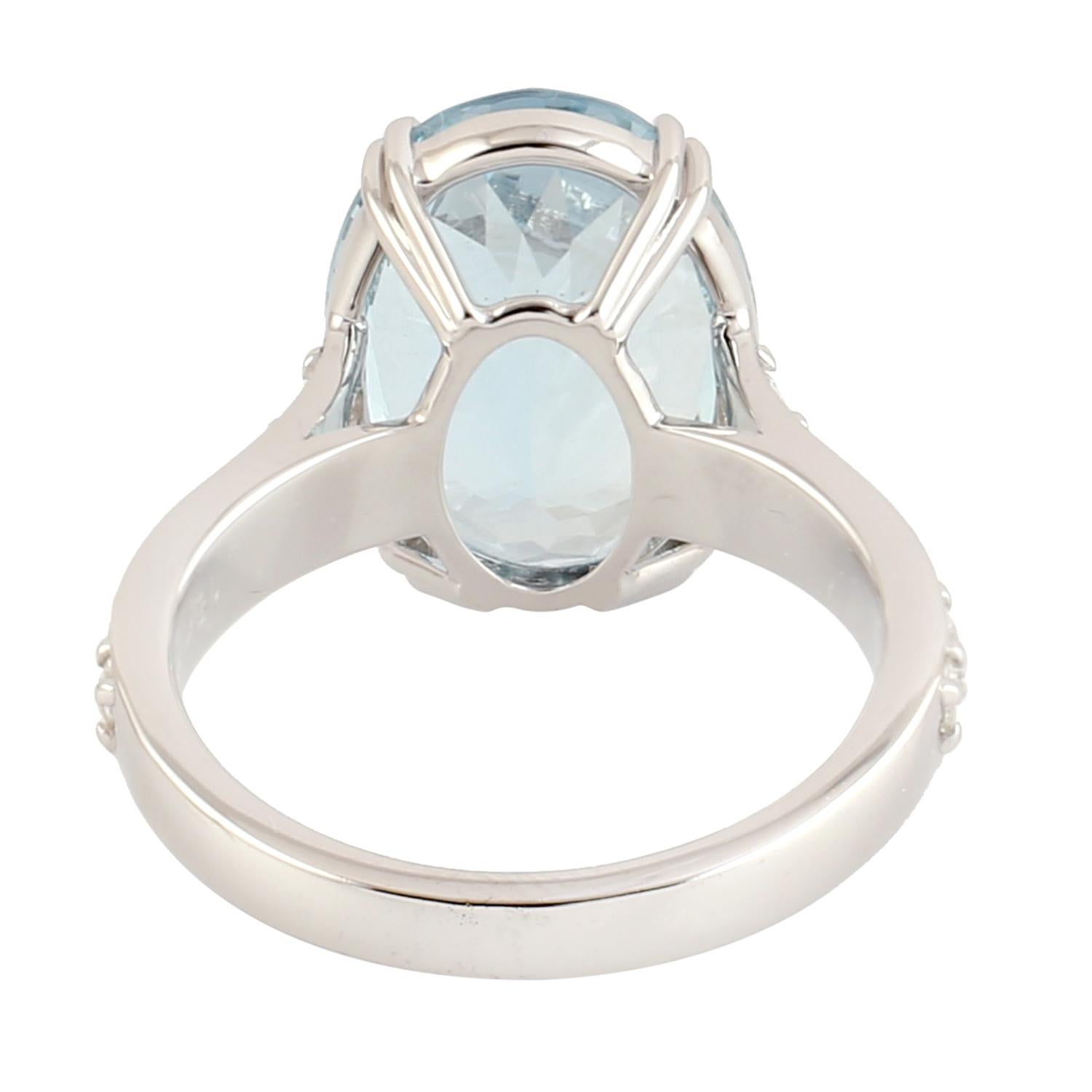 Mixed Cut Aquamarine Ring WIth Diamonds Made In 18k White Gold For Sale