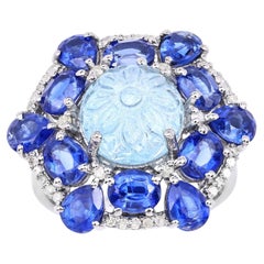 Aquamarine Ring With Kyanite 9.76 Carats Sterling Silver