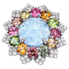 Aquamarine Ring With Multicolor Tourmaline 8.96 Carats Sterling Silver