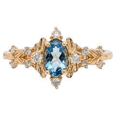 Aquamarine Ring with Natural Diamond Accents in Solid 14K Gold  OV 6x4mm