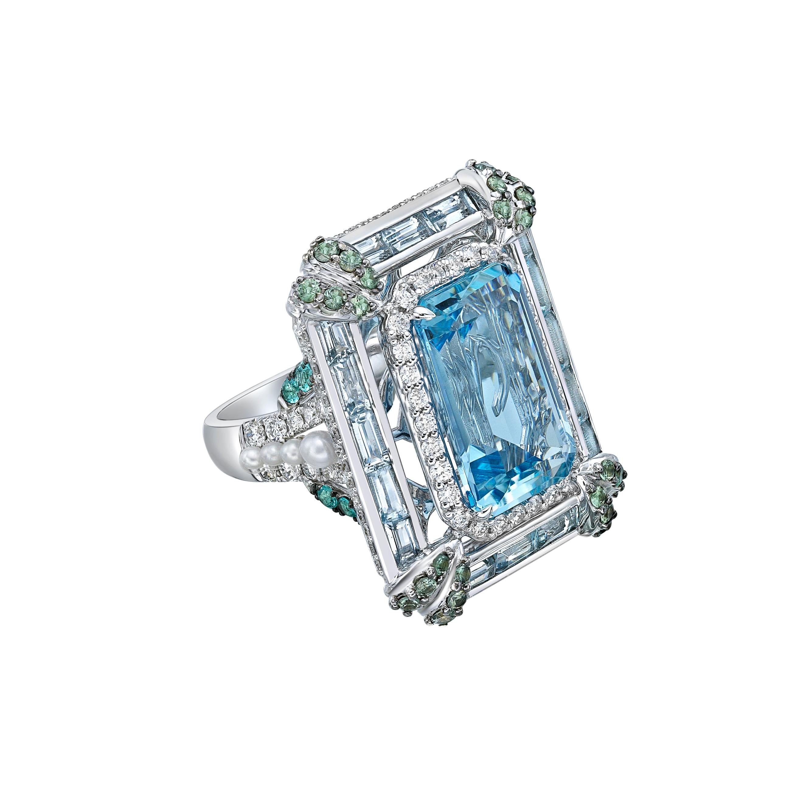 Aquamarin-Ring mit Paraiba, Alexandrit, Perle und Diamant in 18KWG (Zeitgenössisch) im Angebot