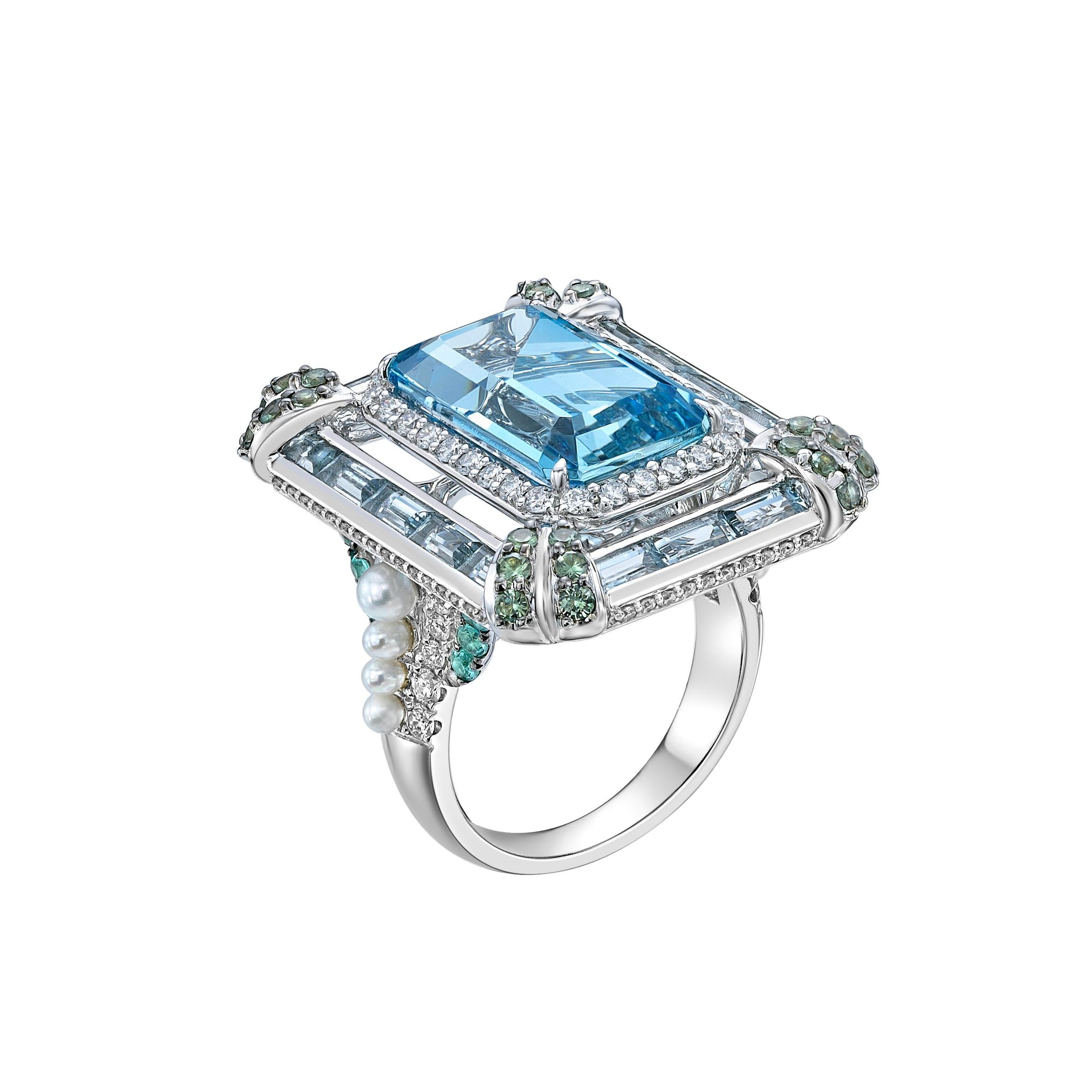 Octagon Cut Aquamarine Ring with Paraiba, Alexandrite, Pearl & Diamond in 18KWG For Sale