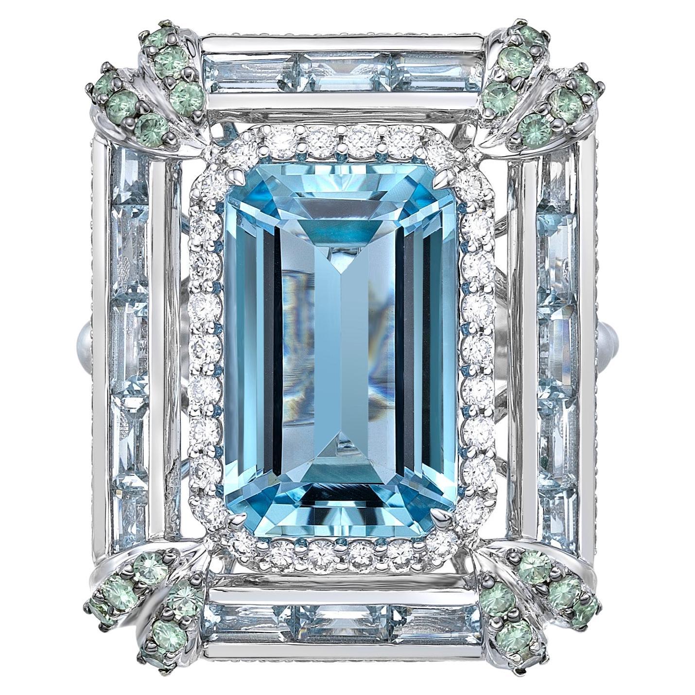 Bague en aigue-marine avec paraiba, alexandrite, perle et diamant 18 carats