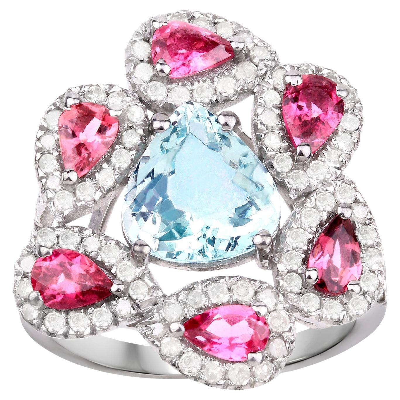 Aquamarine Ring With Pink Tourmalines and Diamonds 4.66 Carats