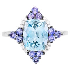 Anillo de aguamarina con tanzanitas y diamantes 2,25 quilates Oro blanco de 10 quilates