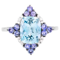 Anillo de aguamarina con tanzanitas y diamantes 2,25 quilates Oro blanco de 10 quilates