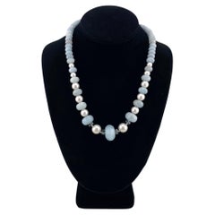 Aquamarine Rondelle and Round Pearl necklace with SS Hammered Clasp