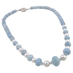 Aquamarine Rondelle and Round Pearl necklace with SS Hammered Clasp