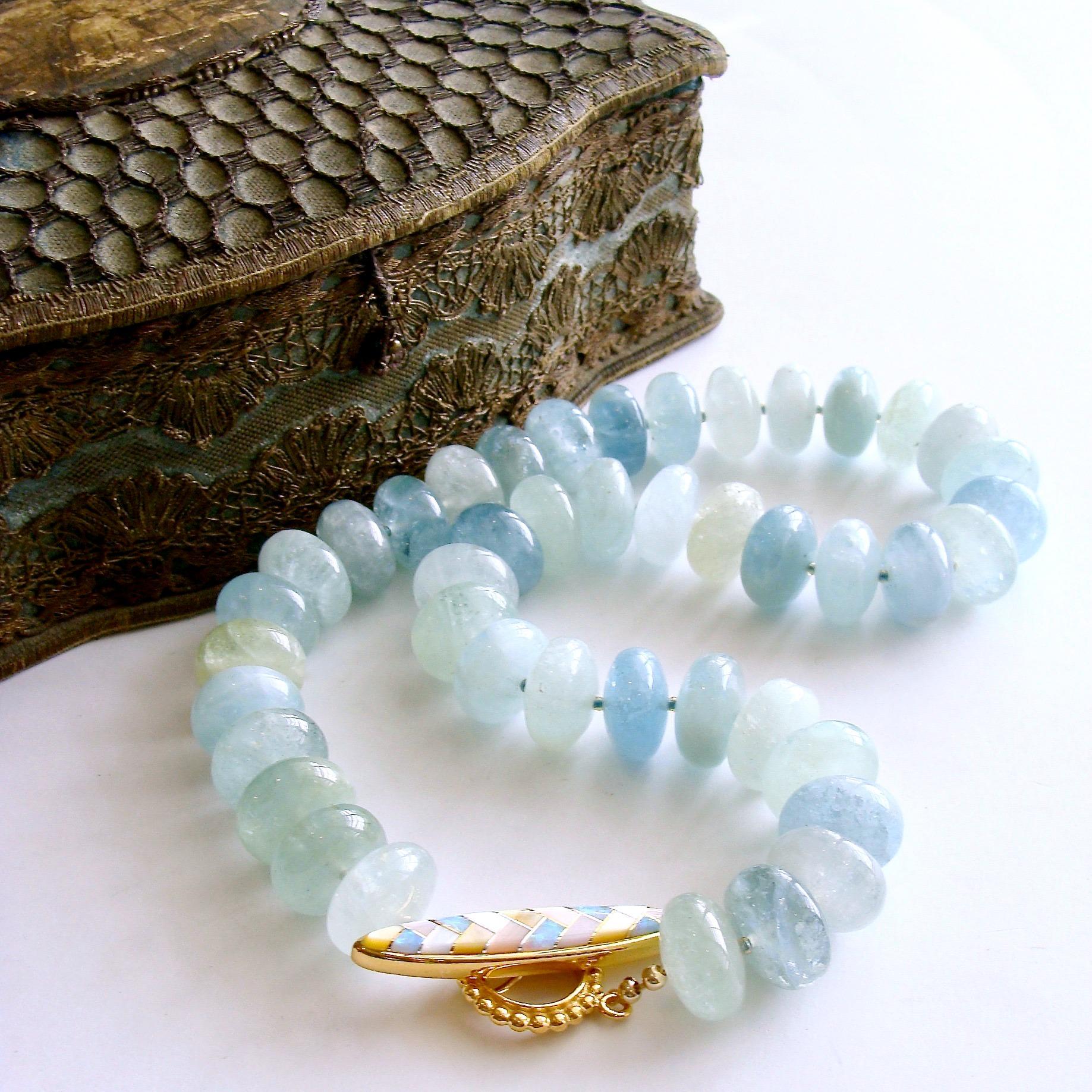 Artisan Aquamarine Rondelles Inlay Opal MOP Toggle Choker Necklace, Brynn V Necklace