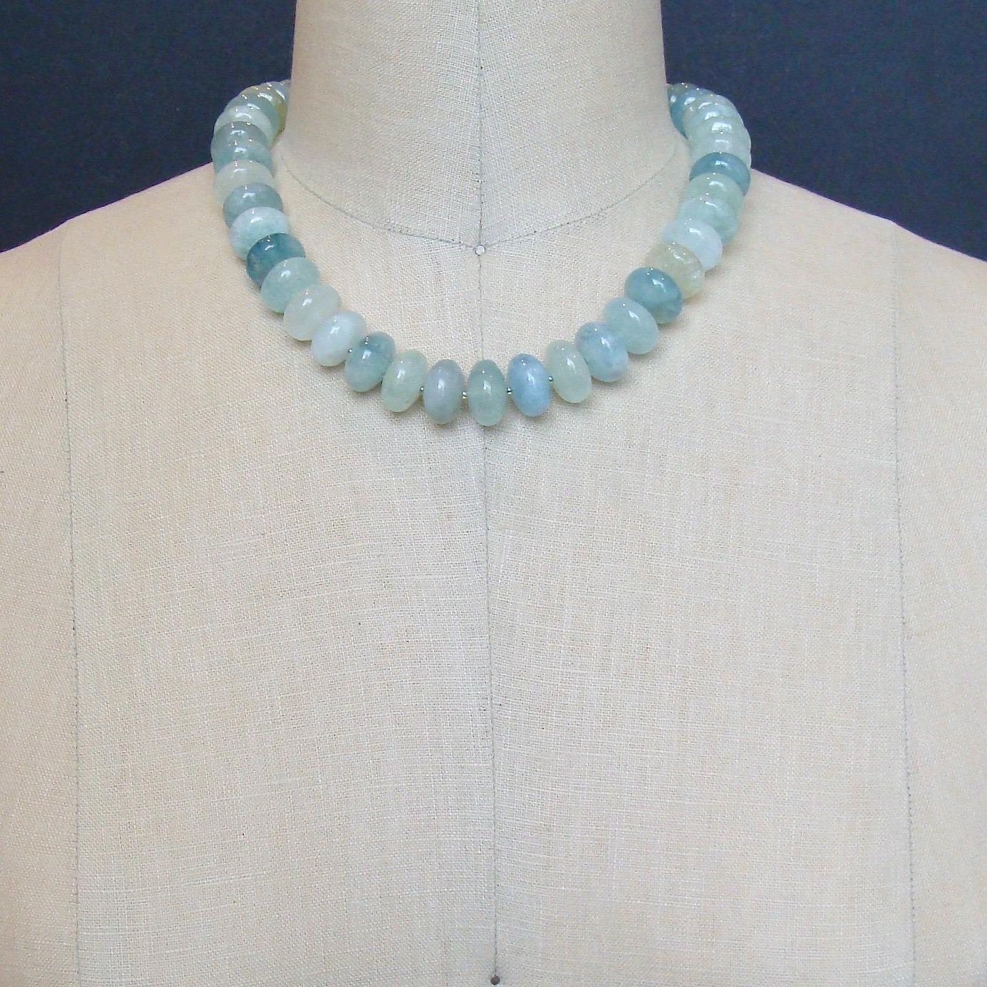 Women's Aquamarine Rondelles Inlay Opal MOP Toggle Choker Necklace, Brynn V Necklace