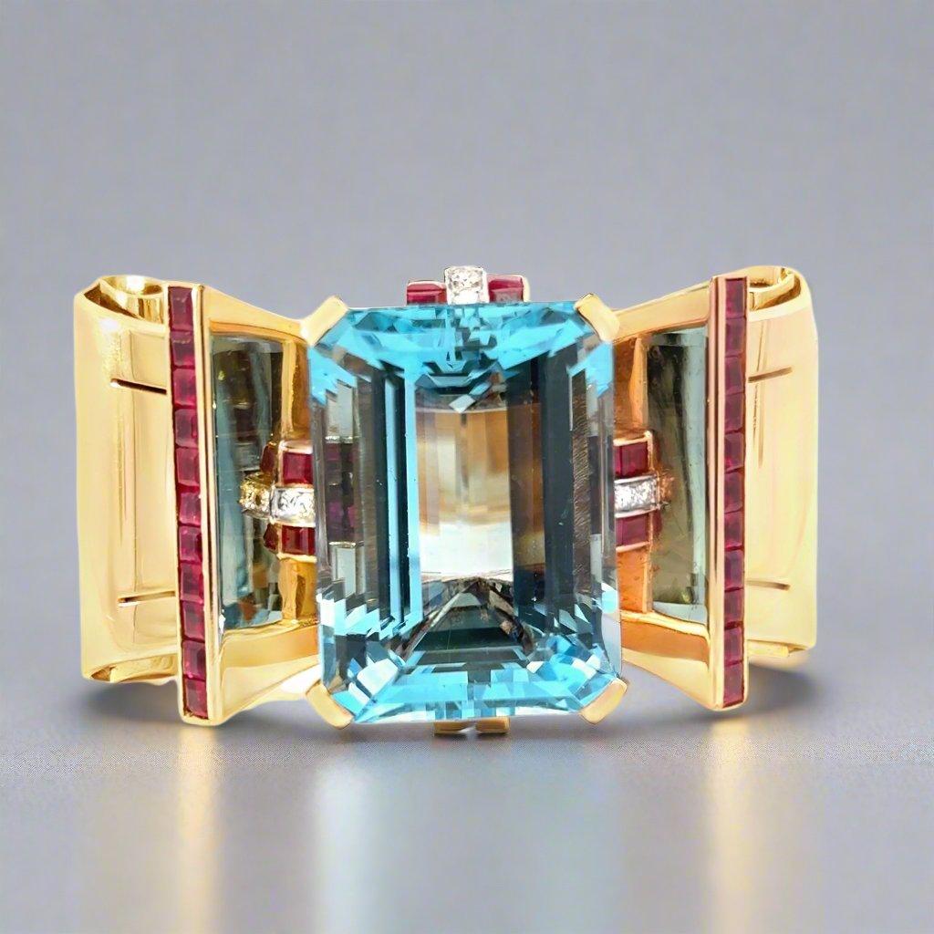Elevate your jewelry collection with this exquisite Aquamarine, Rose Gold, Ruby and Diamond Retro 1940s Bangle Bracelet. This is a piece we purchased from a very high society estate in Philadelphia. This bracelet boasts a stunning 77.11 carat