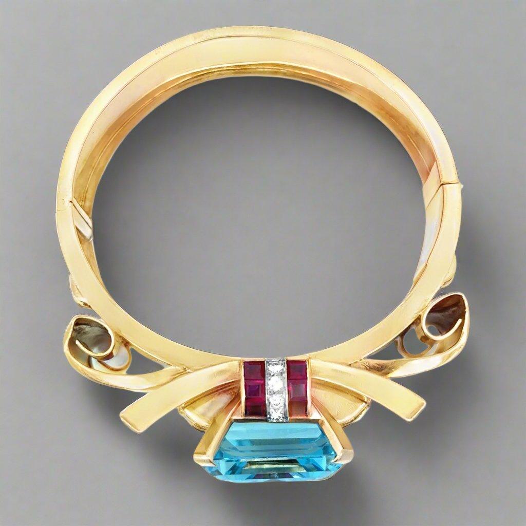 Emerald Cut Aquamarine, Rose Gold, Ruby and Diamond Retro 1940s Bangle Bracelet