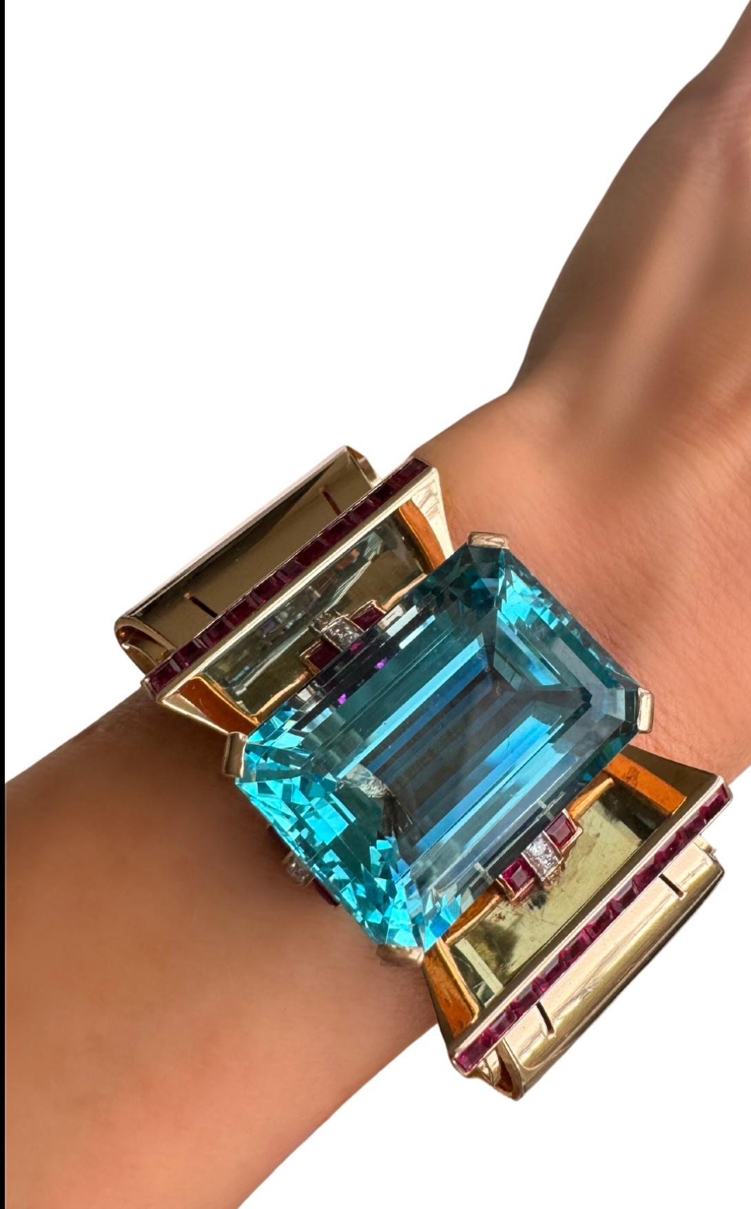 Women's Aquamarine, Rose Gold, Ruby and Diamond Retro 1940s Bangle Bracelet
