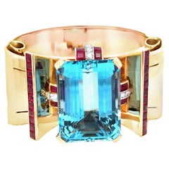 Aquamarine, Rose Gold, Ruby and Diamond Retro 1940s Bangle Bracelet