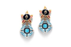 18 Carat Gold Aquamarine, Rubelite and White Diamond Gold Earrings