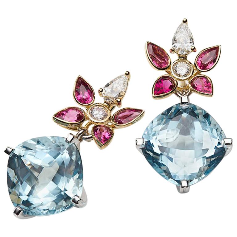  18 Carat Gold Aquamarine, Rubelite and White Diamond Gold Earrings