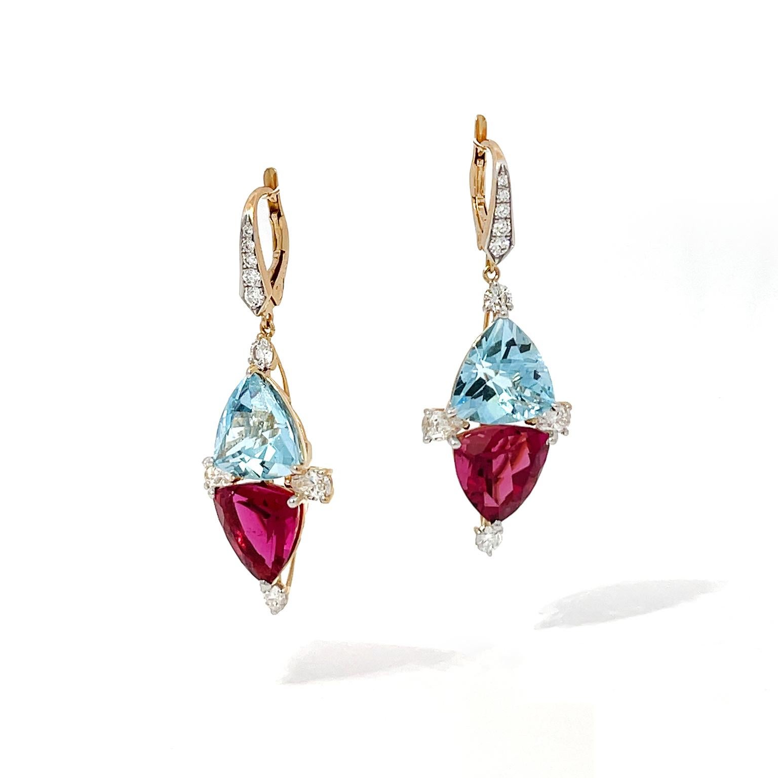 Flickering radiance by aquamarine and rubellite is accompanied by diamonds for these drop earrings. An 18k yellow gold lever back with channel-set brilliant-cut diamonds starts the pattern. Next, a gold link leads the eye to an arrangement of
