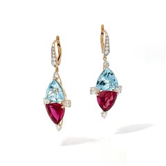 Aquamarine, Rubellite and Diamond 18K Yellow Gold Lever Back Drop Earrings