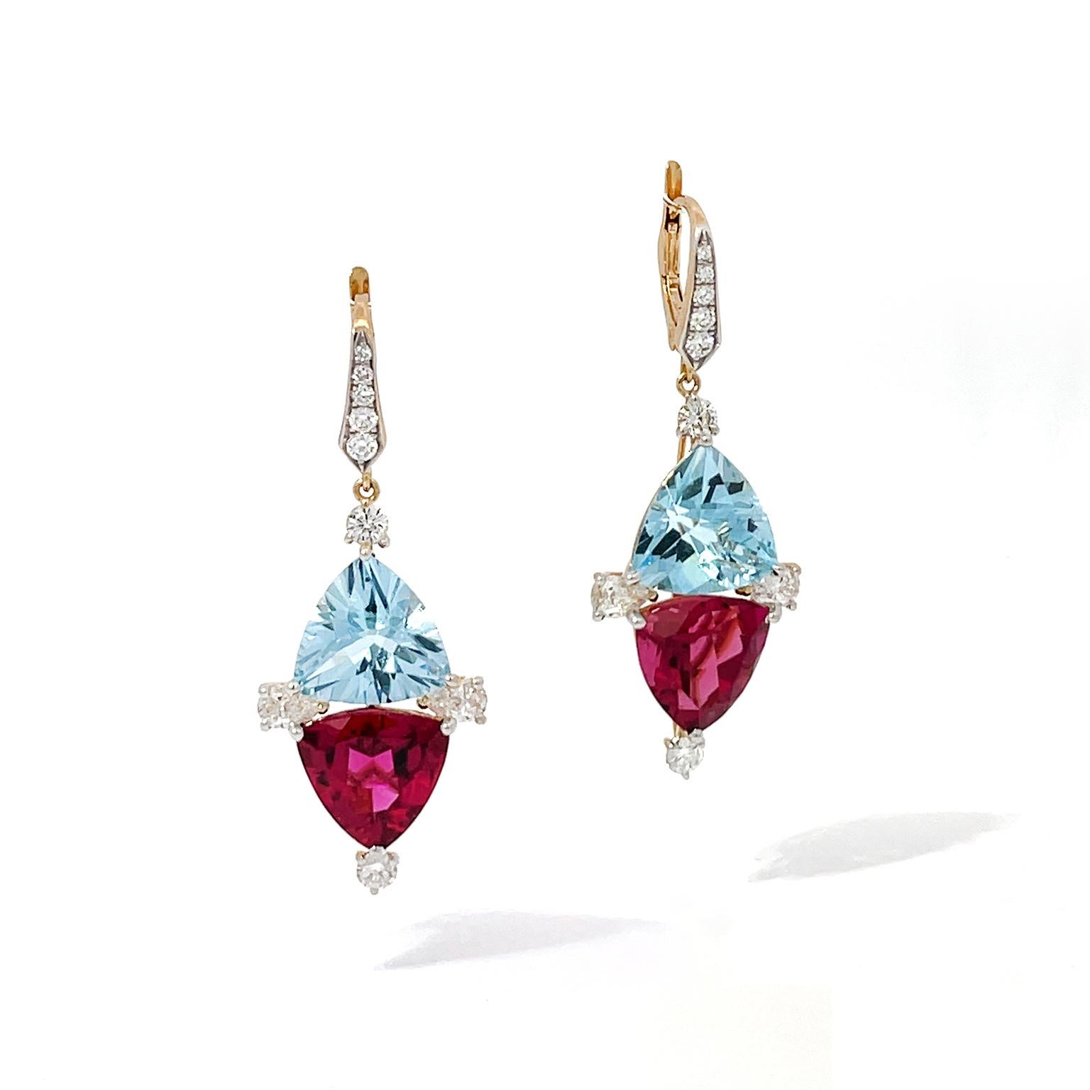 Trillion Cut Aquamarine, Rubellite and Diamond 18K Yellow Gold Lever Back Drop Earrings For Sale