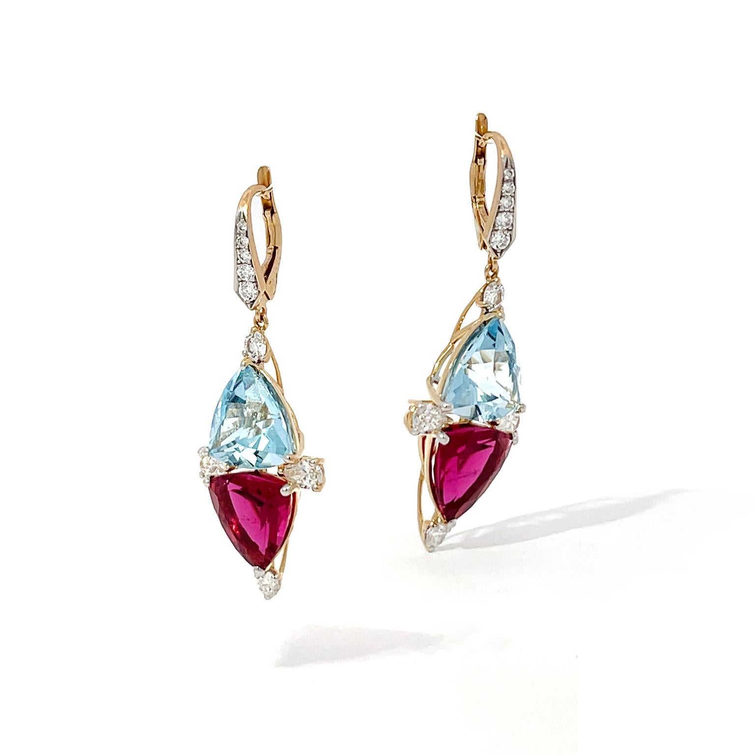 Aquamarine, Rubellite and Diamond 18K Yellow Gold Lever Back Drop Earrings In New Condition For Sale In New York, NY