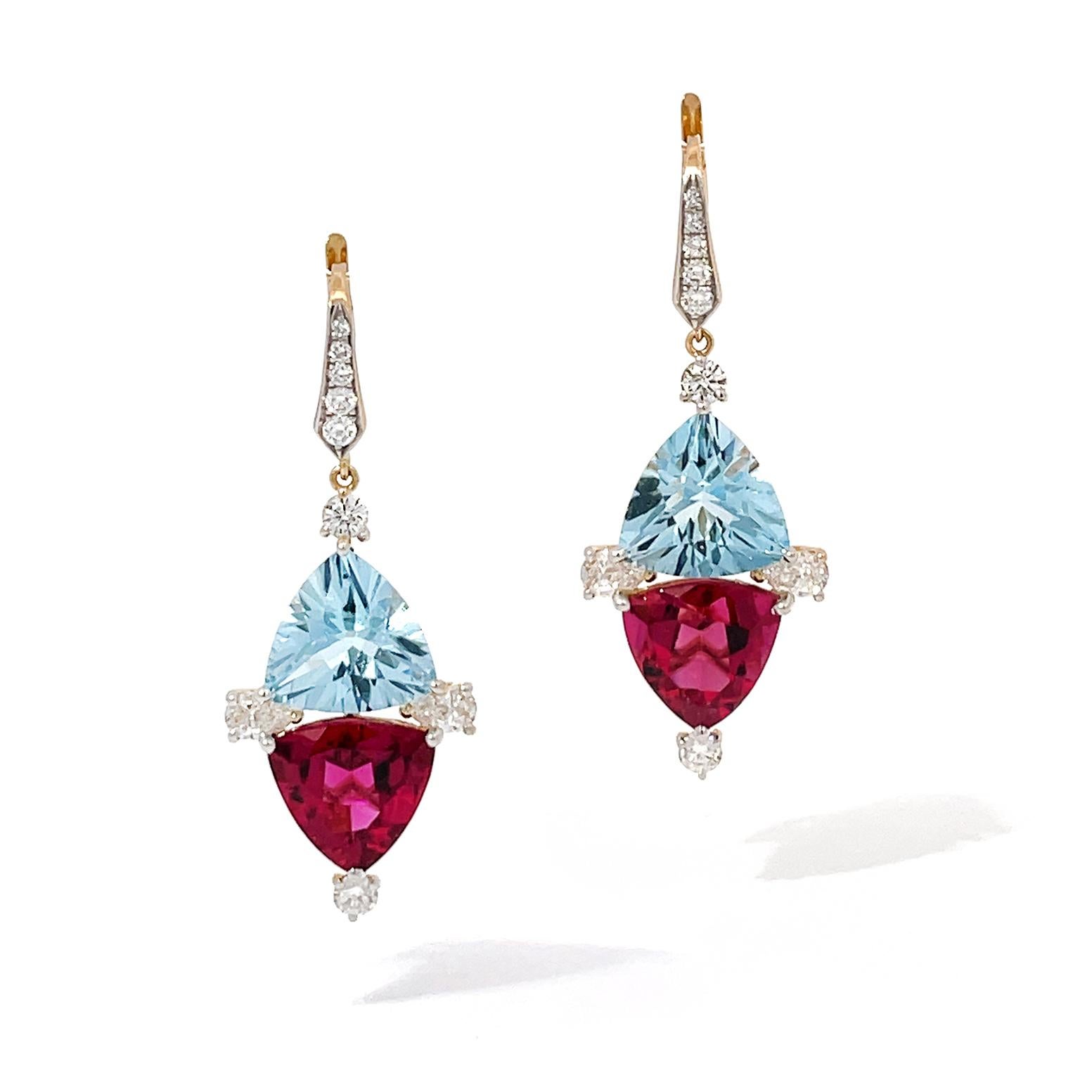 Women's Aquamarine, Rubellite and Diamond 18K Yellow Gold Lever Back Drop Earrings For Sale