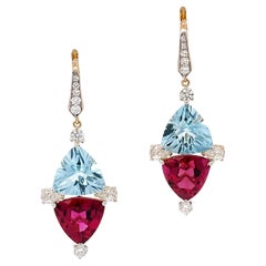 Pendientes de Aguamarina, Rubelita y Diamantes de Oro Amarillo de 18 K con Reverso de Palanca