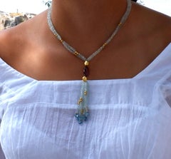 Aquamarine Rubellite Blue Topaz and Yellow Gold Bead Drop Necklace