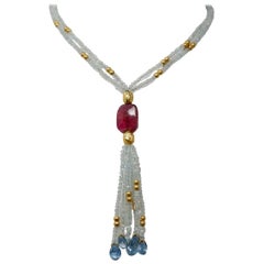 Aquamarine Rubellite Blue Topaz and Yellow Gold Bead Drop Necklace