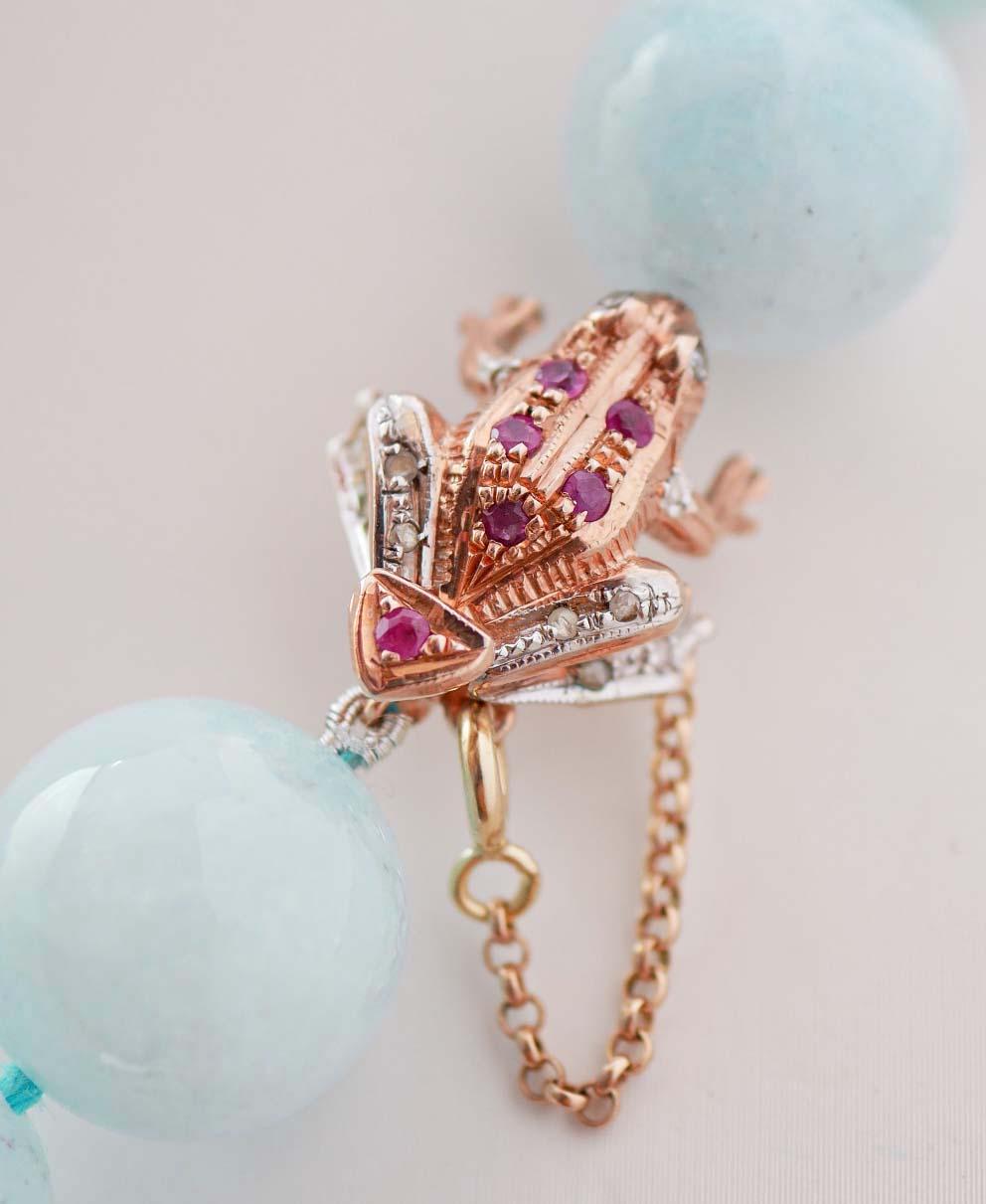 Rétro Aigue-marine, rubis, diamants, collier en or rose et argent. en vente