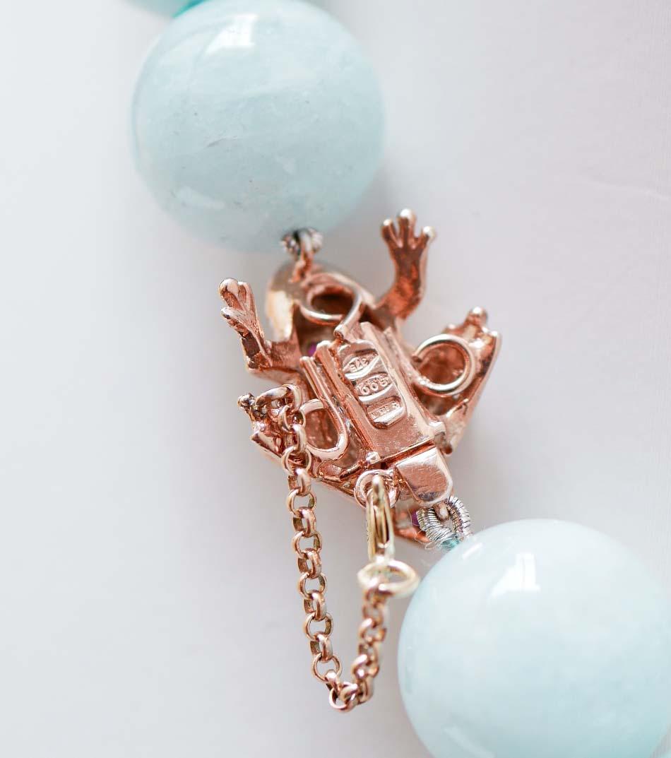 Taille mixte Aigue-marine, rubis, diamants, collier en or rose et argent. en vente