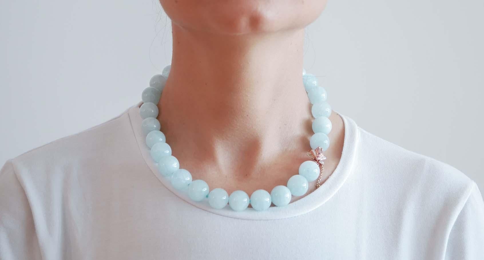 Aigue-marine, rubis, diamants, collier en or rose et argent. Bon état - En vente à Marcianise, Marcianise (CE)