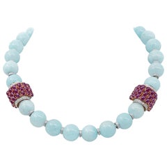 Aquamarine, Rubies, Diamonds, Rose Gold Beaded Necklace