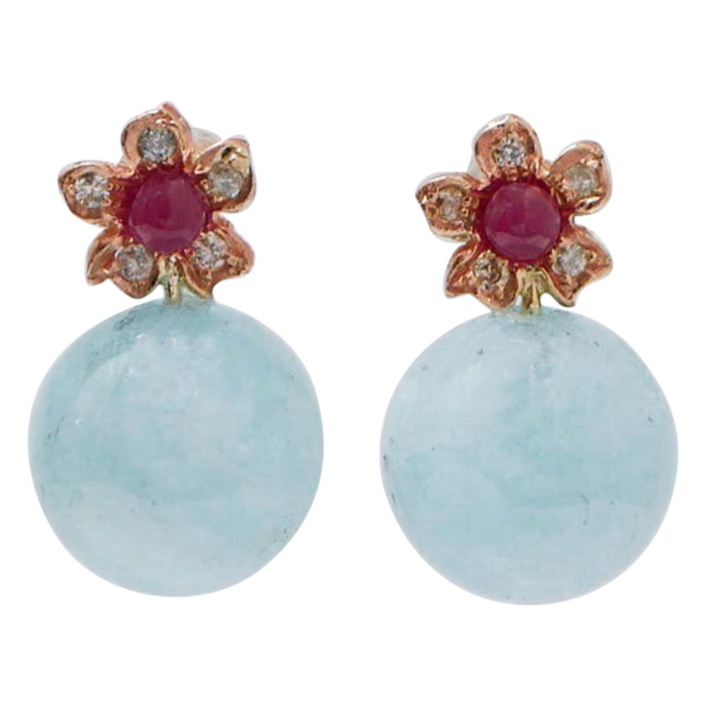 Aigue-marine, rubis, diamants, or rose Boucles d'oreilles.