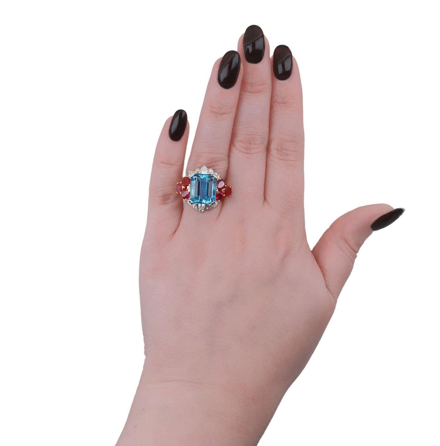 Retro Aquamarine, ruby and diamond cocktail ring, circa 1950. For Sale