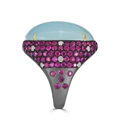 Aquamarine, Ruby and Diamond Victorian Dome Ring in 18k/925 Gold