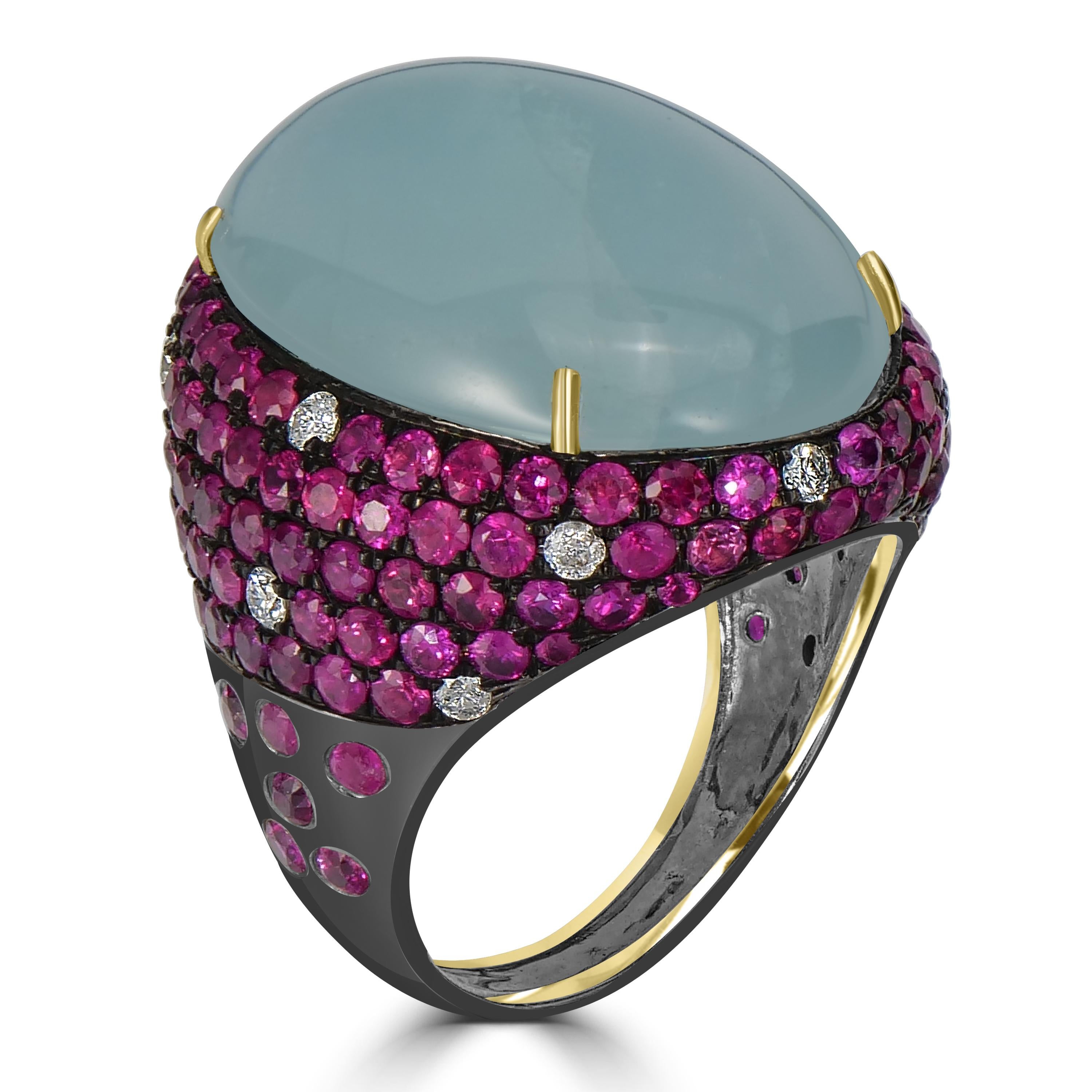 Cabochon  Aquamarine, Ruby and Diamond Victorian Dome Ring in 18k/925 Gold For Sale