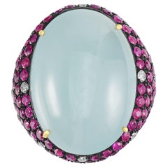 Aquamarine, Ruby and Diamond Victorian Dome Ring in 18k/925 Gold