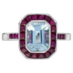 Aquamarine Ruby Art Deco Style Target Engagement Ring in Platinum
