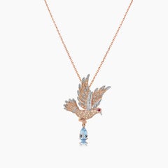 Aquamarin & Rubin Diamant Pave Taube Vogel 18K Zwei-Ton-Gold-Anhänger Halskette