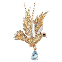 Aquamarine & Ruby Diamond Pave Dove Bird 18K Two Tone Gold Pendant Necklace